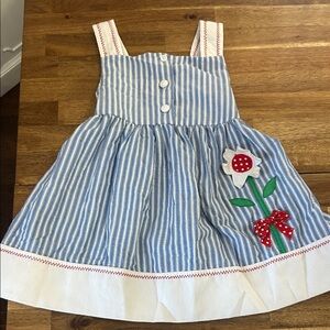 Vintage Blue Striped Girls Dress with Floral Design